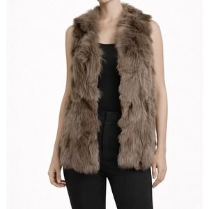 Anthropologie THE CUE Cher Qu Rabbit Fur Knit Vest Taupe Acrylic Trim Hook Small